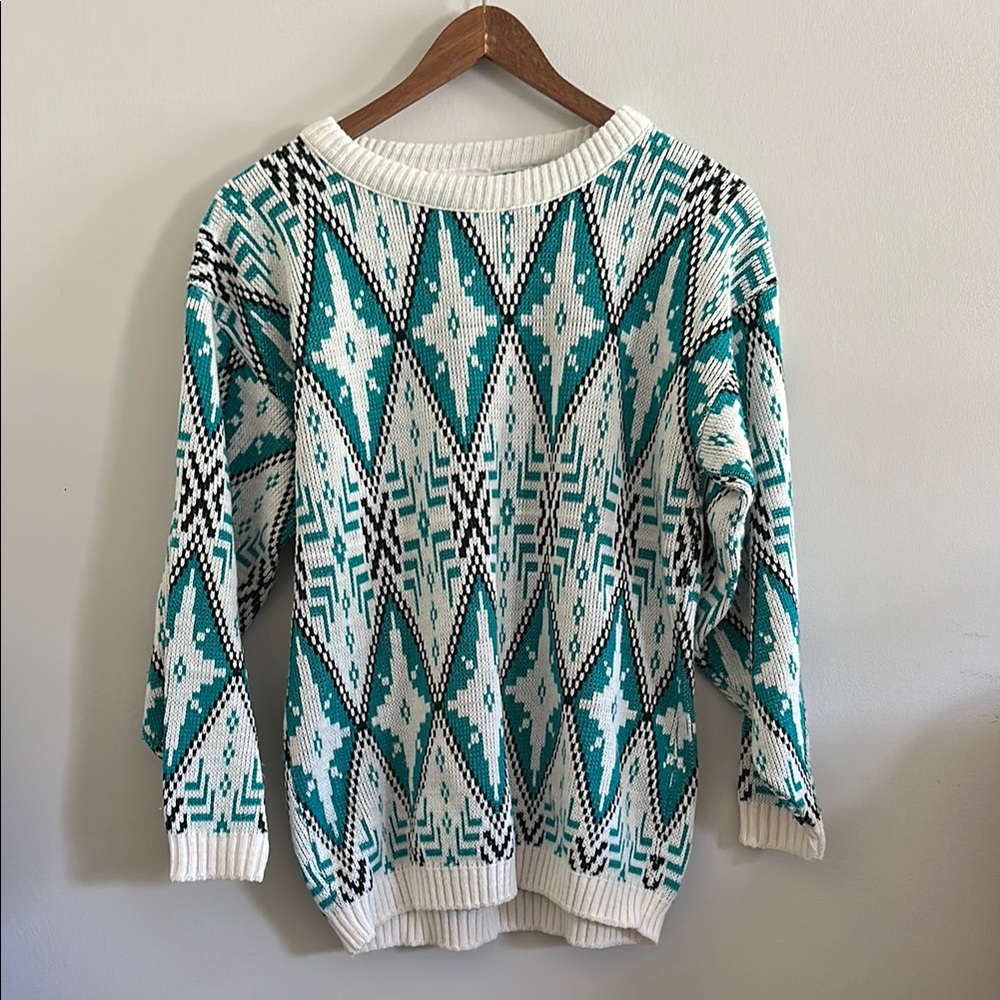 Vintage Sweater - white, teal, and black by Justin Allen